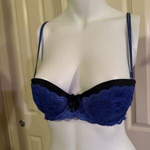 Blue Lace Balconette Bra with Black Trim and Convertible Straps